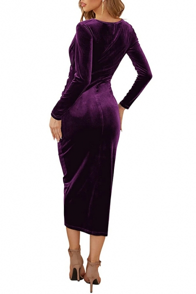 Popular Women's Dress Pure Color V Neck Long Sleeve Ruched Designed Mini Wrap Dress