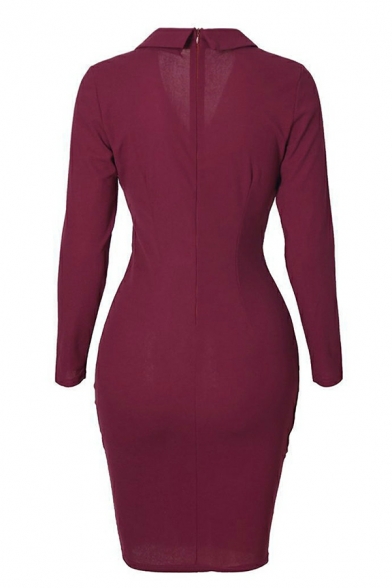 Trendy Women Dress Solid Long Sleeves Lapel Collar Button Detail Mini Bodycon Dress