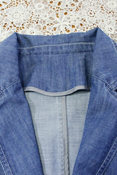 Women Street Look Denim Jacket Plain Lapel Collar Flap Pocket Single Button Denim Jacket