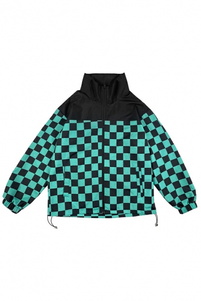Boy's Cozy Jacket Checked Pattern Pocket Stand Collar Long Sleeves Loose Zipper Jacket