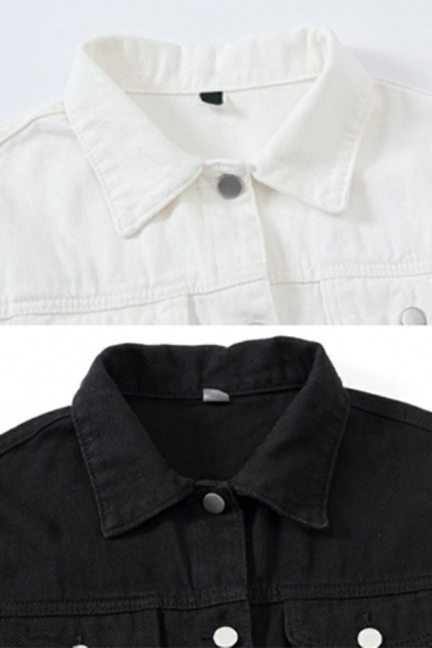 Edgy Denim Jacket Plain Spread Collar Button Closure Denim Jacket for Women