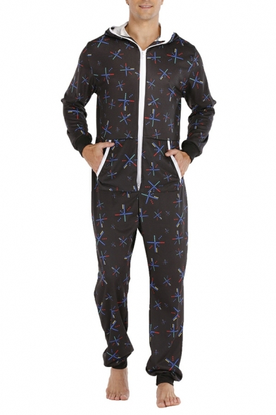 Fancy Jumpsuits All over Cross Print Hooded Full-Zip Long-Sleeved Maxi Jumpsuits for Men