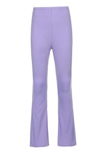 Ladies Boyish Pants Pure Color High Rise Long Length Elastic Waist Palazzo Pants