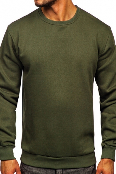 Men Stylish Sweatshirt Solid Color Round Neck Ribbed Trim Sweatshirt