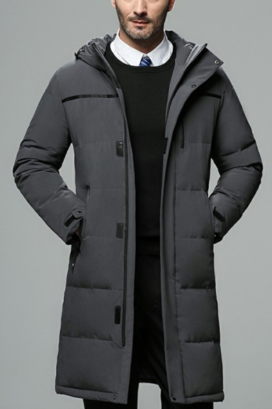 Retro Parka Coat Pure Color Long Sleeves Hooded Pocket Knee Length Zip down Parka Coat