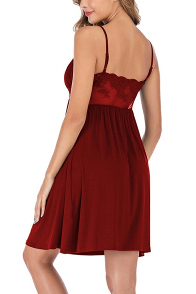 Retro Slip Dress Solid Color V-Neck See-Through A-Line Midi Dress for Women