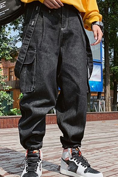 Simple Denim Overalls Plain Flap Pocket Banded Cuffs Overalls for Men