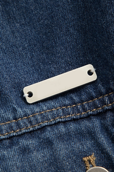 Trendy Jacket Plain Point Collar Chest Pocket Long Sleeve Button Closure Crop Denim Jacket