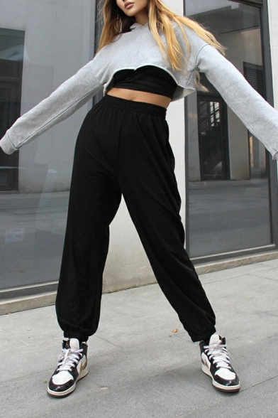 Women Casual Pants Solid Color Elastic Waist Banded Cuffs Sweat Pants