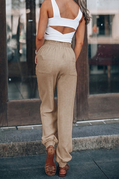 Ladies Stylish Pants Pocket Plain Mid Rise Full Length Drawstring Waist Tapered Pants