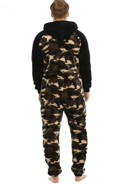 Leisure Jumpsuits Camo Print Hooded Brushed Full Zip Long Sleeve Maxi Jumpsuits for Men