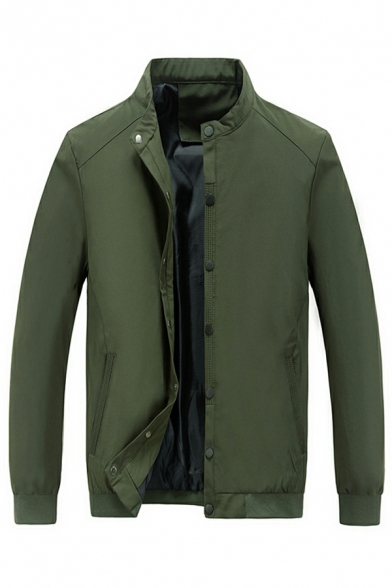 Modern Guys Jacket Solid Pocket Long Sleeve Stand Collar Regular Single Breasted Jacket