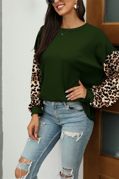 Casual Girls Sweatshirt Leopard Pattern Long Sleeve Round Collar Pullover Sweatshirt