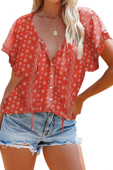 Fancy Girl's Shirt Floral Printed V Neck Ruffles Short Sleeves Fitted Button Fly Shirt
