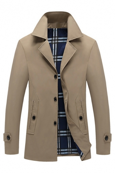 Guys Modern Coat Pure Color Notched Lapel Regular Fitted Single Breasted Trench Coat