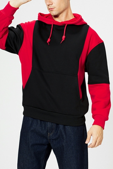 Men Basic Hoodie Color-blocking Pocket Drawstring Hooded Long Sleeve Regular Fit Hoodie