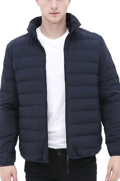Men Cool Puffer Coat Solid Color Stand Collar Full Zip Pocket Detailed Puffer Coat