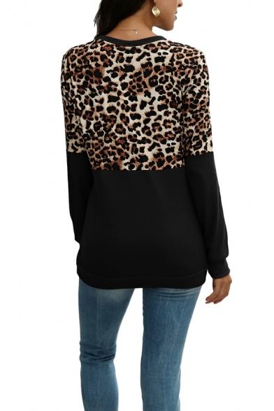 Women Fashionable Sweatshirt Leopard Print Long-Sleeved Regular Round Collar Sweatshirt