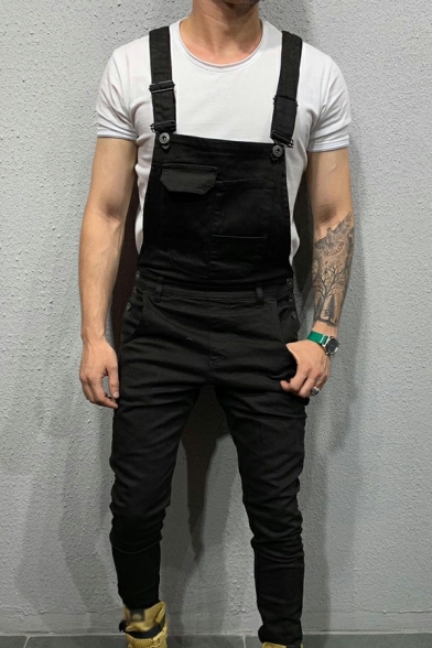 Edgy Guys Overalls Solid Color Front Pocket Skinny Long Length Overalls