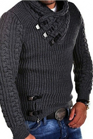 Simple Sweater Plain Cable Knit Long-sleeved Button High Neck Slimming Sweater for Men