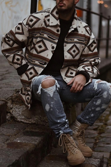Street Look Jacket Geometric Print Loose Spread Collar Button Fly Jacket for Guys