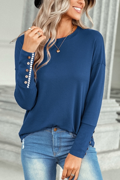 Urban T-Shirt Solid Color Round Neck Lone Sleeves T-Shirt for Women