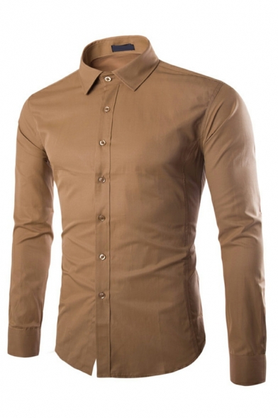 Vintage Shirt Plain Button Closure Turn-down Collar Slimming Long-sleeved Shirt for Men