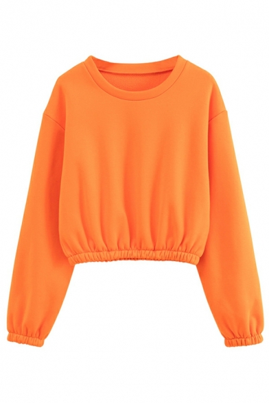 Women Edgy Sweatshirt Pure Color Crew Collar Long Sleeves Fitted Crop Sweatshirt