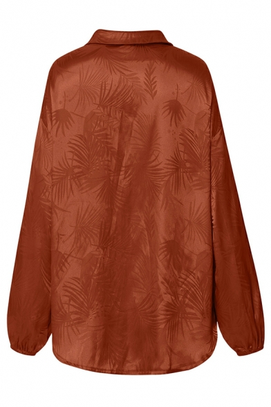 Women Elegant Shirt Tropical Plant Leaf Print Point Collar Button down Long Sleeve Shirt