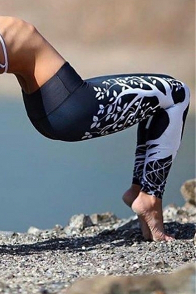Women Sporty Leggings Tree Patterned Elastic Waist Ankle Length Leggings
