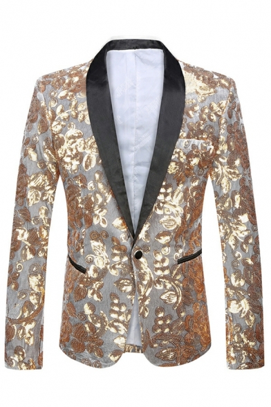Casual Blazer Sequins Pattern Lapel Collar Flap Pocket Single Button Blazer for Men