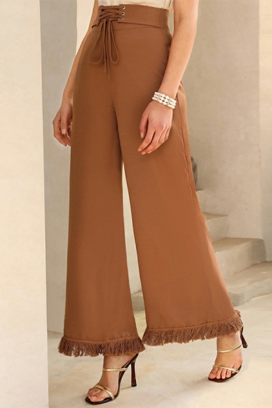 Chic Pants Pure Color High Rise Cut-out Wide Leg Drawstring Waist Pants for Girls