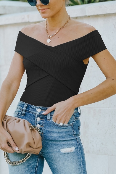 Cool T-Shirt Solid Color Off The Shoulder Cap Sleeve T-Shirt for Women