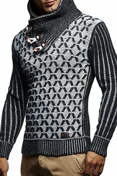 Freestyle Sweater Plaid Pattern Long-Sleeved Skinny High Neck Rib Hem Sweater for Boys