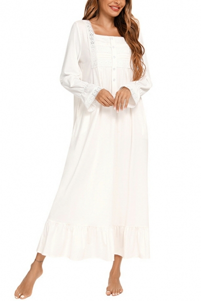 Long Sleeve Nightdress White Cotton Square Neck Loose Maxi Dress