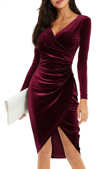 Popular Women's Dress Pure Color V Neck Long Sleeve Ruched Designed Mini Wrap Dress