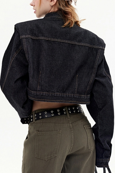Trendy Jacket Plain Point Collar Chest Pocket Long Sleeve Button Closure Crop Denim Jacket