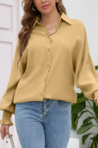Women Chic Shirt Plain Spread Collar Button down Bishop Long Sleeve Shirt