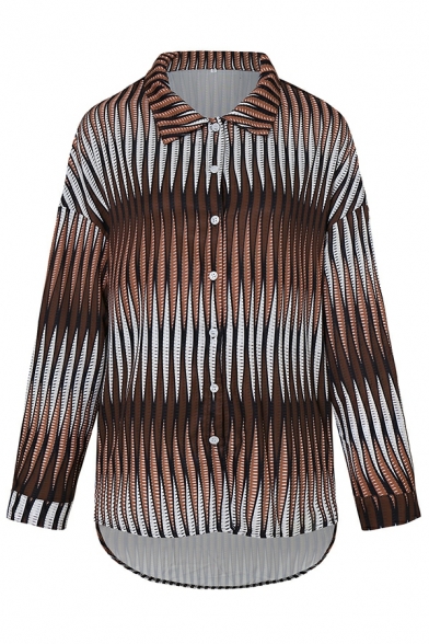 Women Edgy Shirt Stripe Printed Spread Collar Button Closure Long-Sleeved Shirt