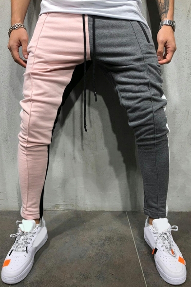 Casual Drawstring Trousers Men Hip Hop Colorblock Slim Mid-rise Sweatpants