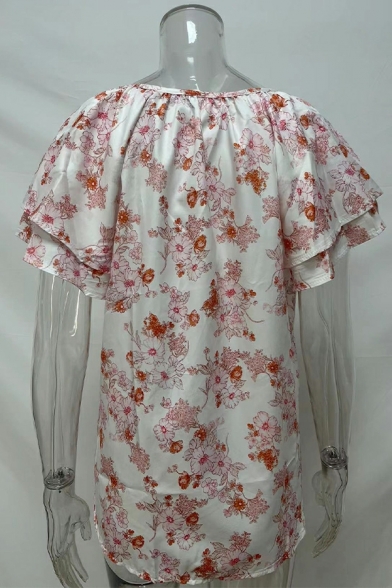 Fancy Girl's Shirt Floral Printed V Neck Ruffles Short Sleeves Fitted Button Fly Shirt