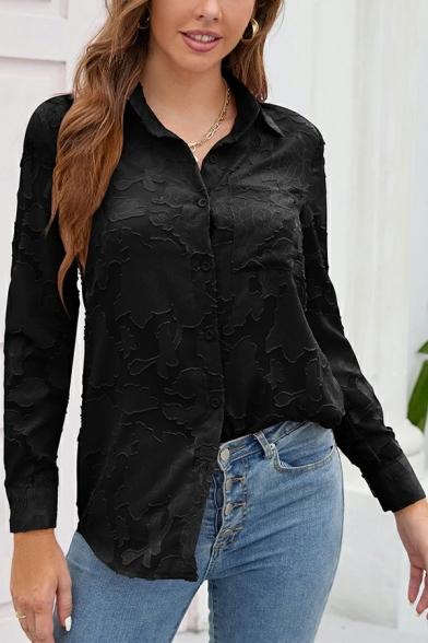 Girls Pop Shirt Solid Color Turn-down Collar Hollow Long Sleeve Button Fly Lace Shirt