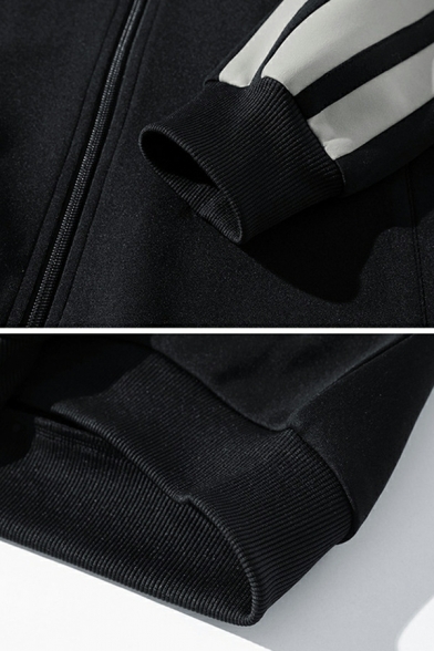 Modern Guys Jacket Striped Printed Baggy Pocket Long Sleeve Stand Neck Zip Closure Jacket