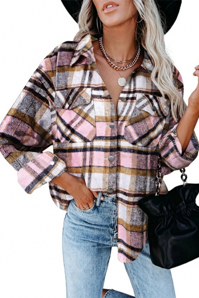 Urban Women Jacket Plaid Printed Spread Collar Long Sleeves Chest Pocket Button Fly Jacket