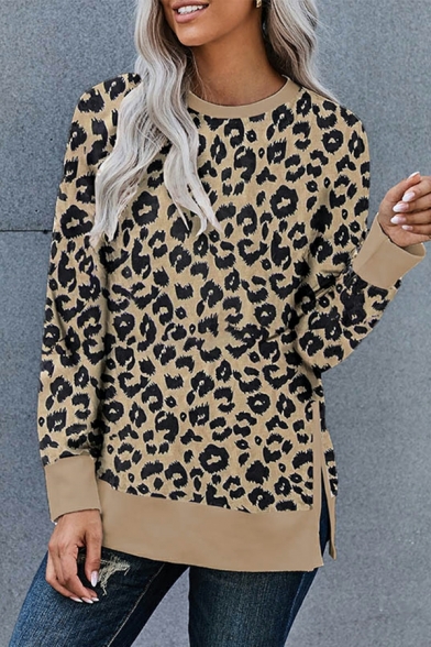 Women Fashionable Sweatshirt Leopard Print Split Crew Neck Regular Pullover Sweatshirt