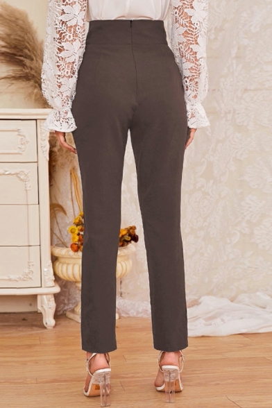 Women Trendy Pants Whole Colored Button down High Waist Ankle Length Cigarette Trousers