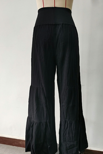 Women Urban Pants Solid Color Elastic Waist High-Rise Wide Leg Pants