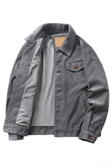 Boys Edgy Jacket Pure Color Chest Pocket Loose Long Sleeve Spread Collar Button-up Coat