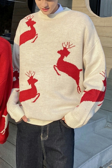 Elk Pattern Sweater Men's Round Neck Christmas Red Couples Sweater