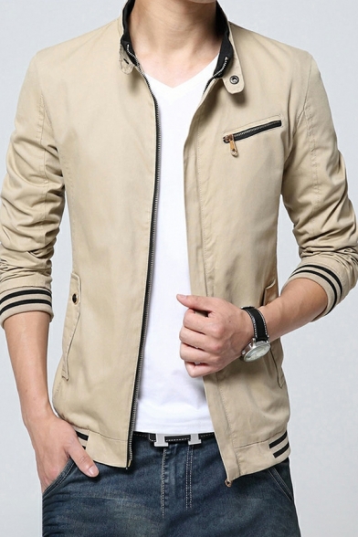 Guys Leisure Jacket Contrast Line Pocket Long-Sleeved Stand Neck Fitted Zip Placket Jacket